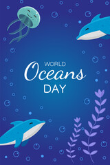 World oceans day. June 8. Underwater ocean background. Dolphin, jellyfish, algae. Poster, banner, template. Save ocean. Vector illustration. 