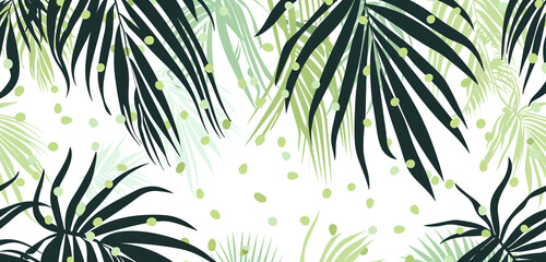 Crisp white, forest green palms, soft lime dots create a seamless tropical fusion. - obrazy, fototapety, plakaty