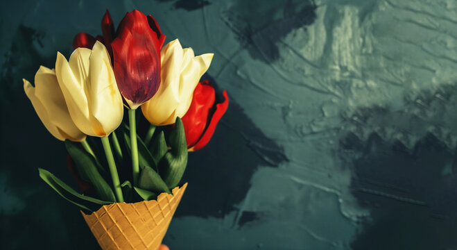 A bouquet of red, yellow, and white tulips in a cone. The flowers a way that they look like they are in a vase. The image has a warm and inviting mood. colorful tulips in a cone, space for text