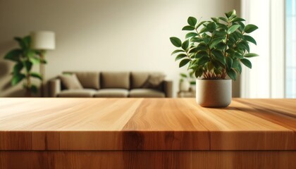 木のカウンターと観葉植物