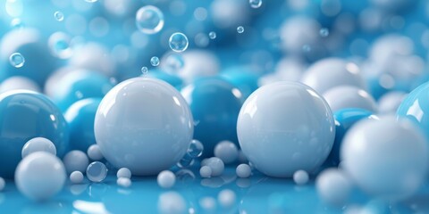 A blue and white background with many small spheres of different colors