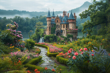 Beautiful fairytale castle nestled amidst blooming flowers, meandering pathways and lush greenery, enchanting and dreamlike ambiance