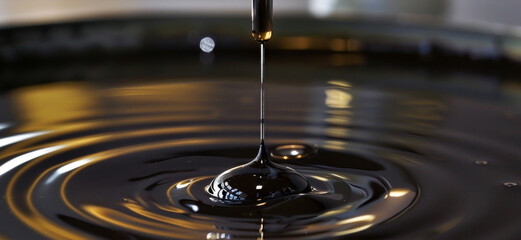 A metal needle is suspended in midair its tip ly touching the surface of a black pool of ferrofluid. It is as if the laws of physics have been temporarily suspended allowing - obrazy, fototapety, plakaty