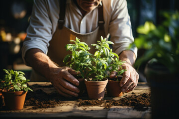 Fototapeta premium Close up of hands of charming man transplants flowers in a flower shop