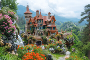 Charming fairytale castle on a picturesque hill surrounded by vibrant flowers and lush greenery, enchanting and dreamlike ambiance