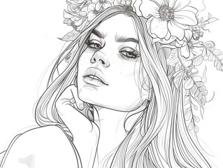 Fototapeta premium Black and white portrait of a smiling woman with long blonde hair, captivating eyes, and a radiant smile, surrounded by flowers, exuding beauty and grace