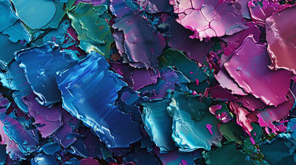 Patches of cobalt, jade, and magenta forming an intricate abstract paint composition.