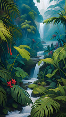 A garden of different colorful flowers in dew drops and mists, presenting a charming scene