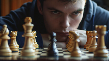 Young man playing chess at table closeup
