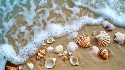 Fototapeta na wymiar Colorful Seashells Scattered on Sandy Beach with Gentle Waves