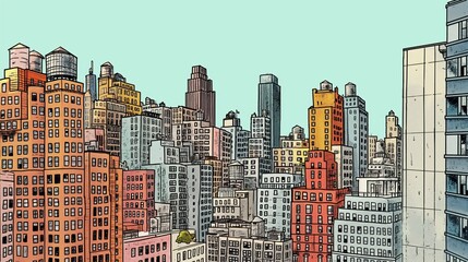 A Line Art Illustration Of A City With Several Skyscraper Buildings.