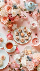 A Vertical Of A Pastel Invitation Card With Teapots, Cups, Pastries, And Flowers Are Set On A Table. 
