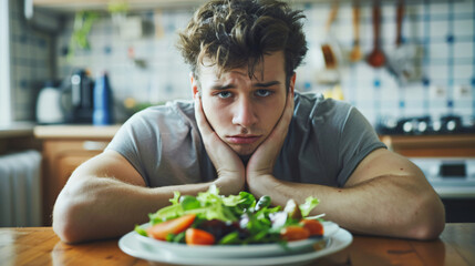 Young man suffering from anorexia and plate with salad