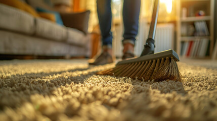 Young man sweeping carpet with broom at home closeup -