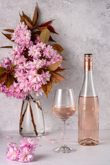 Drink photography of rose wine, wine; pink, wineglass; bottle; vintage, retro, cherry blossom, blooming, flower, spring, summer, winery; drink; background; celebration; romance