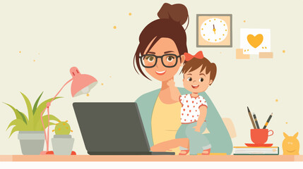 Working mom - young woman holding a baby working 