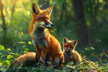 Fox and cubs in the forest. Blurred background.