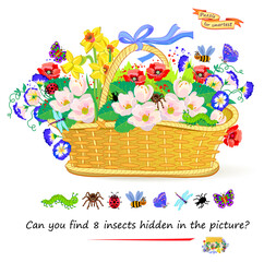 Can you find 8 insects hidden in the picture? Logic puzzle game for children and adults. Illustration of basket with flowers. Educational page for kids. Flat cartoon vector drawing.