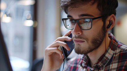 Young man talking by mobile phone in office