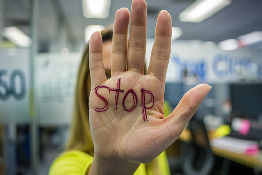Harassment at work, woman sad angry terrified scared afraid, man, stop no, pressure unhappy male abuse touch hand, flirting bullying uncomfortable job.