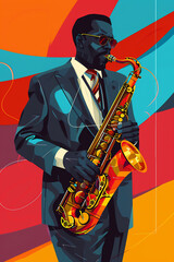 Afro-American male jazz musician saxophonist playing a saxophone in an abstract vintage distressed style painting for a poster or flyer, stock illustration image