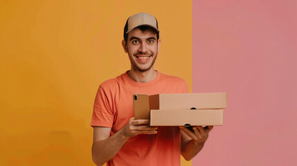 Young man with cardboard pizza boxes and mobile phone