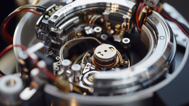 A closeup of a modernday headphone exposing its tiny inner components and wires. These devices offer a more personal and direct approach to sound generation.