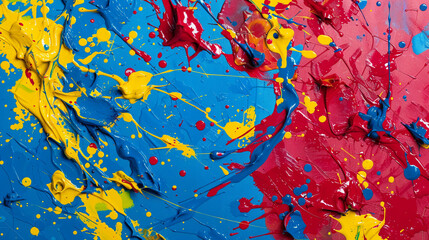 Splatters of scarlet, lemon yellow, and royal blue blending together to create a lively abstract paint scene.