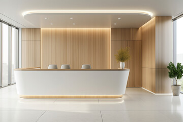Hospital reception counter in white minimalist style with wooden walls