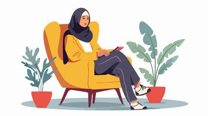 Fototapeta na wymiar Young Arab girl sitting in comfortable armchair.