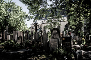 Tombstones at the Vysehrad cemetery and Basilica of Saints Peter and Paul. Prague, Czech Republic - 796534748