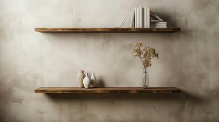 Incorporate minimalist wall shelves for functional and decorative purposes.