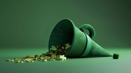 A green funnel with a clover on the side has gold coins and clovers spilling out of it on a green background. - obrazy, fototapety, plakaty