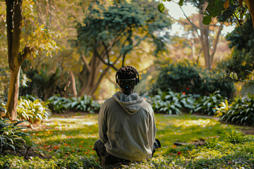 Vibrant shot of a man in a park, absorbed in VR, surrounded by nature.
