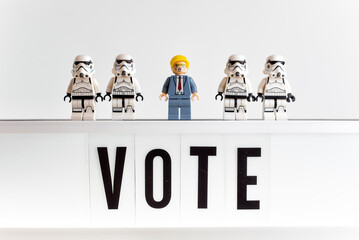 Naklejka premium Donald Trump and Stormtroopers. President election concept. Illustrative editorial. July 30, 2023