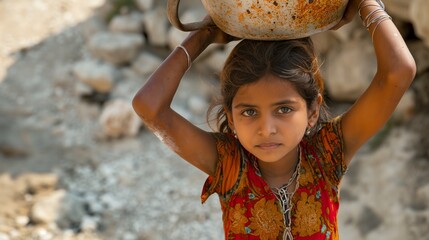 A girl carrying a heavy jug of water on her head from a distant well.