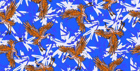 Abstract bird animal seamless pattern. Contemporary stork art cartoon background, simple birds flying in forest maximalist pattern