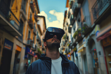 Man appearing lost in VR, yet grounded in a traditional street setting. - obrazy, fototapety, plakaty