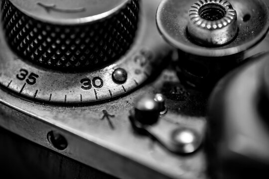Counter, shutter button and rewind lever of vintage rangefinder camera