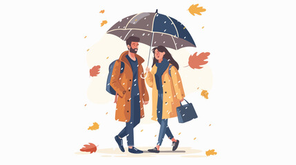 Young casual cartoon couple walking under umbrella