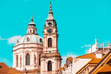 Dome and spire of Saint Nicolas Church in Prague. Lesser Town, Prague, Czech Republic - 796536770