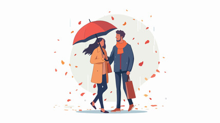 Young casual cartoon couple walking under umbrella