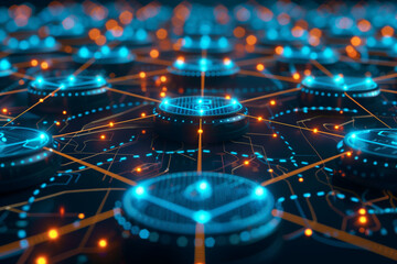 Futuristic nodes emitting light, illustrating secure data connections