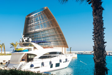 Luxury yacht moored in Ayia Napa marina. Famagusta District, Cyprus - 796536937