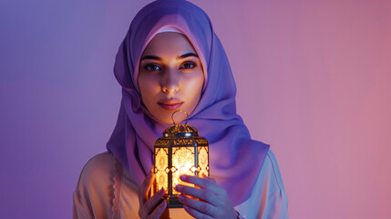 Young Muslim woman with lantern on lilac background. 