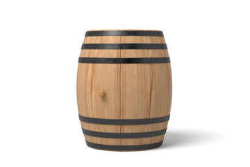 Vertical wooden barrel against plain backdrop