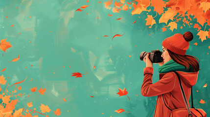 Young Parisian woman taking pictures of autumn leaves
