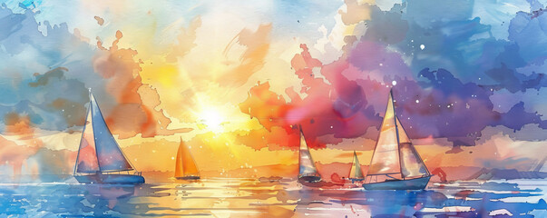 At a sailing regatta, graceful boats glide across the sea against a vibrant sunset and billowing clouds, highlighting the beauty and thrill of sailing on open waters.