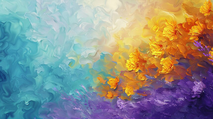 Fototapeta na wymiar Whispers of marigold, lavender, and azure merging to form a delicate abstract painting background.