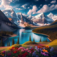 A beautiful landscape featuring a vibrant meadow of purple and pink flowers in the foreground, a still lake and snow-capped mountains in the background. The sky is a mix of blue and white clouds.